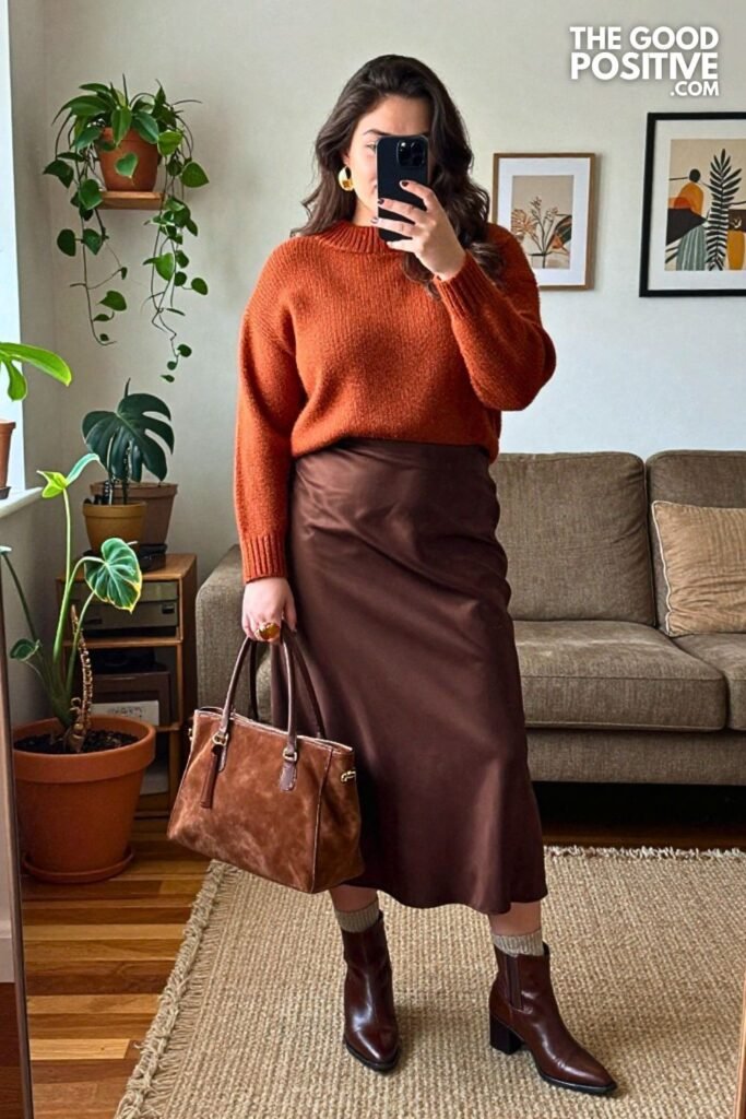 Burnt Clay Funnel Neck Sweater with Cocoa Bias Skirt