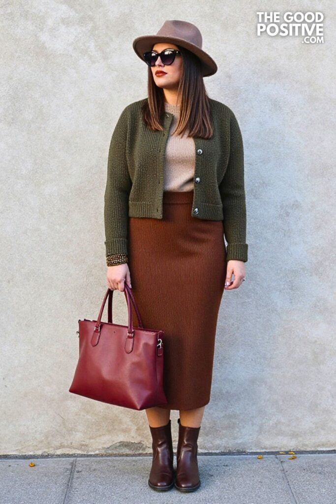 Burnt Olive Knit Jacket With Espresso Barrel Midi Skirt