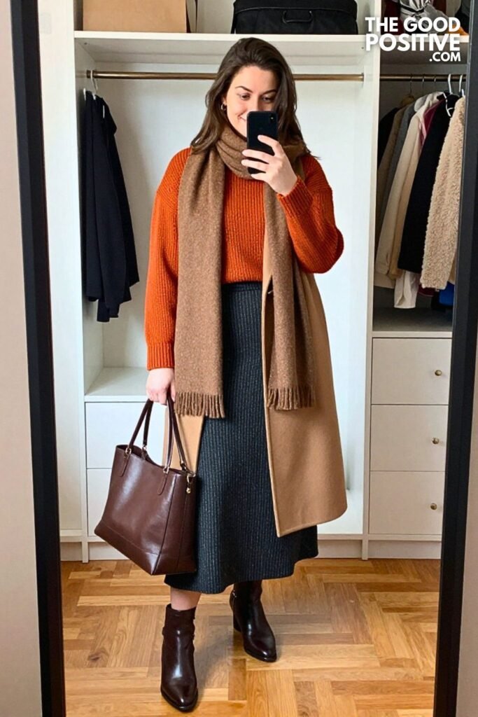 Burnt Orange Fine Knit Sweater with Charcoal Pinstripe Maxi Skirt