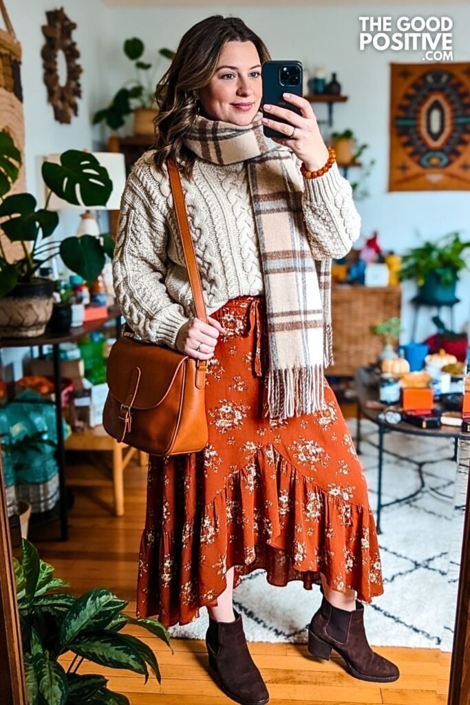 Burnt Orange Prairie Skirt with Oatmeal Cable Knit Sweater
