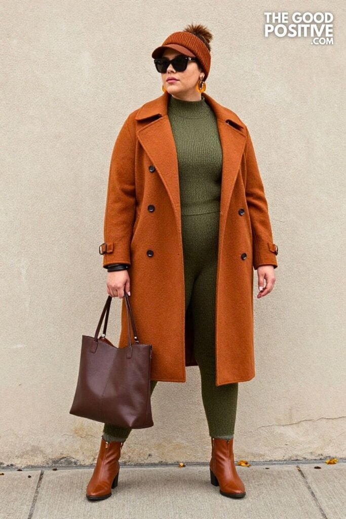 Burnt Umber Chore Coat with Olive Knit Jumpsuit