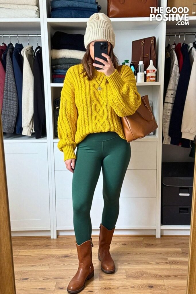 Butter Yellow Cable Sweater with Forest Green Leggings