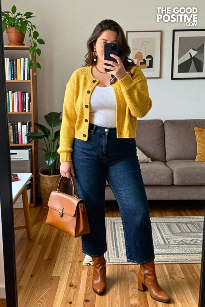 Butter Yellow Cropped Cardigan with Dark Denim Palazzo Jeans