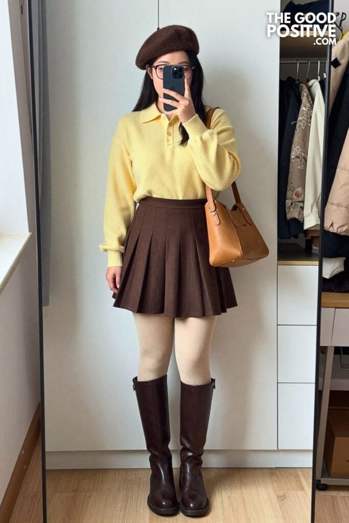 Butter Yellow Knit Polo with Chocolate Pleated Midi Skirt