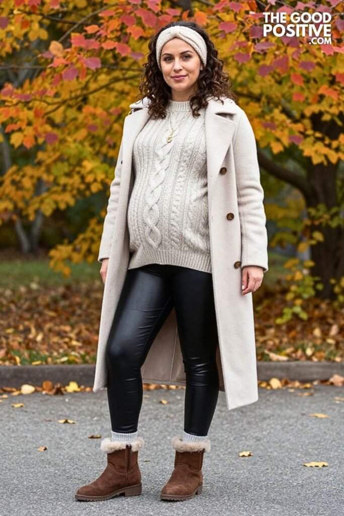 Cable Knit Tunic with Faux Leather Leggings and Shearling Boots