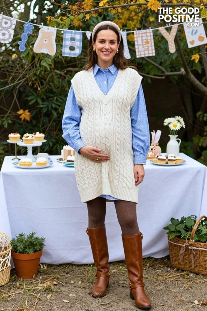 Cable Knit Vest with Poplin Shirt Dress and Tall Buckle Boots