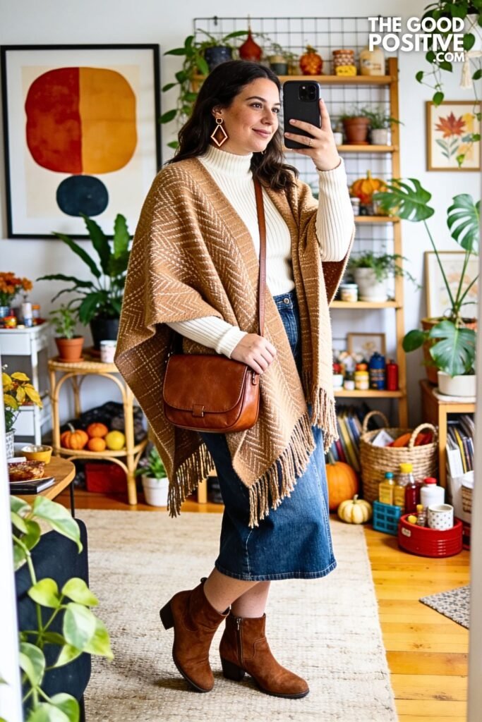 Camel Blanket Cape with Indigo Denim Midi Skirt