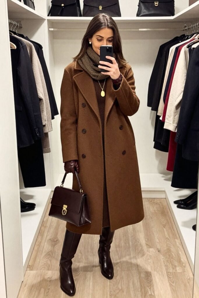 Camel Double-Breasted Coat with Chocolate Midi Dress