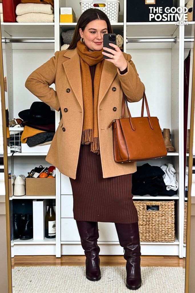 Camel Double-Breasted Coat with Espresso Knit Dress