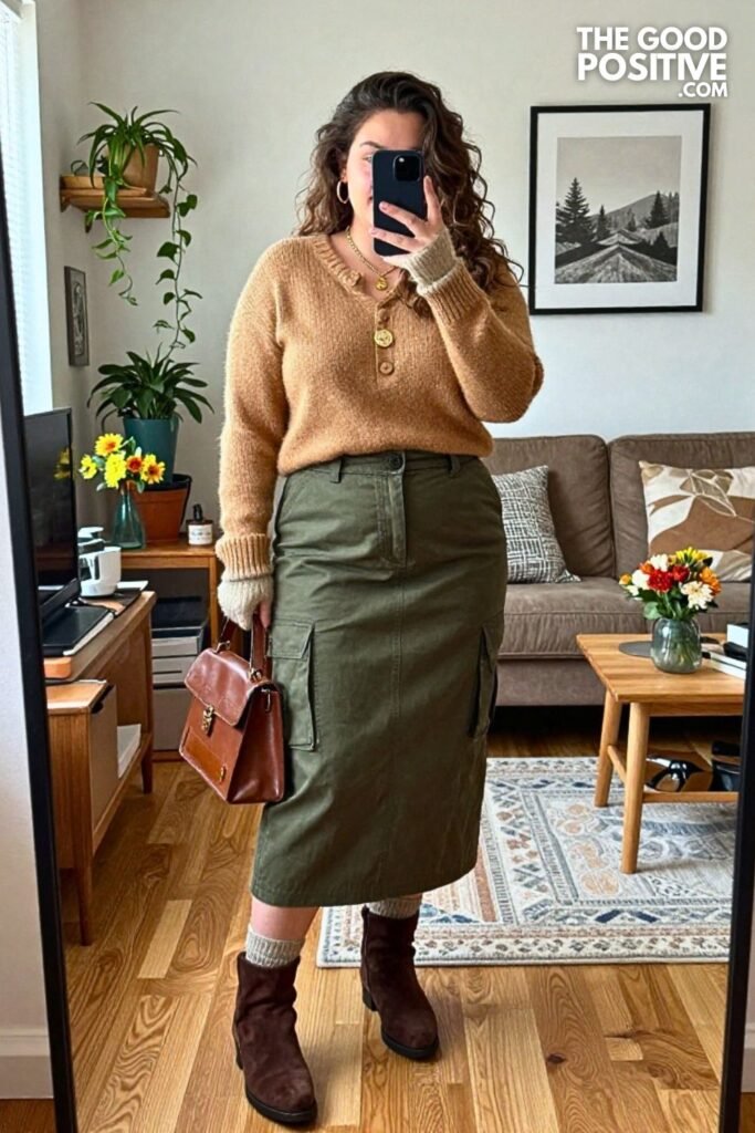 Camel Henley with Deep Olive Cargo Skirt