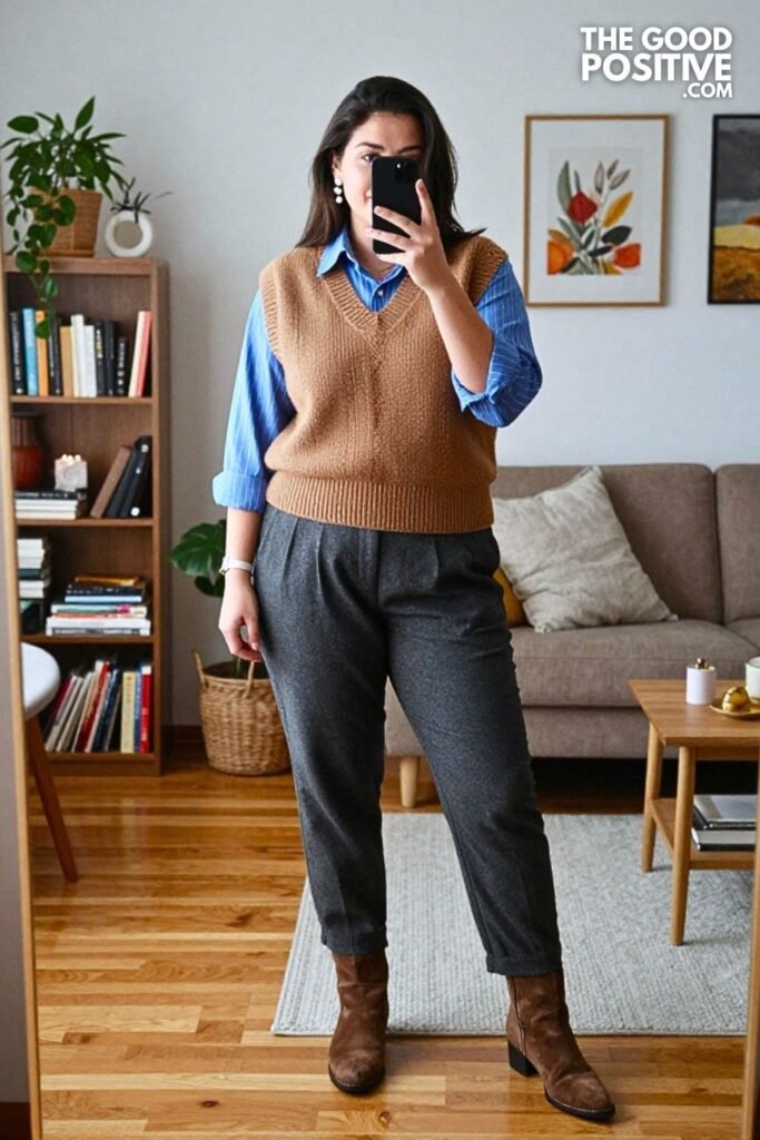 Camel Knit Vest over Pinstripe Shirt with Relaxed Pleated Trousers and Desert Boots