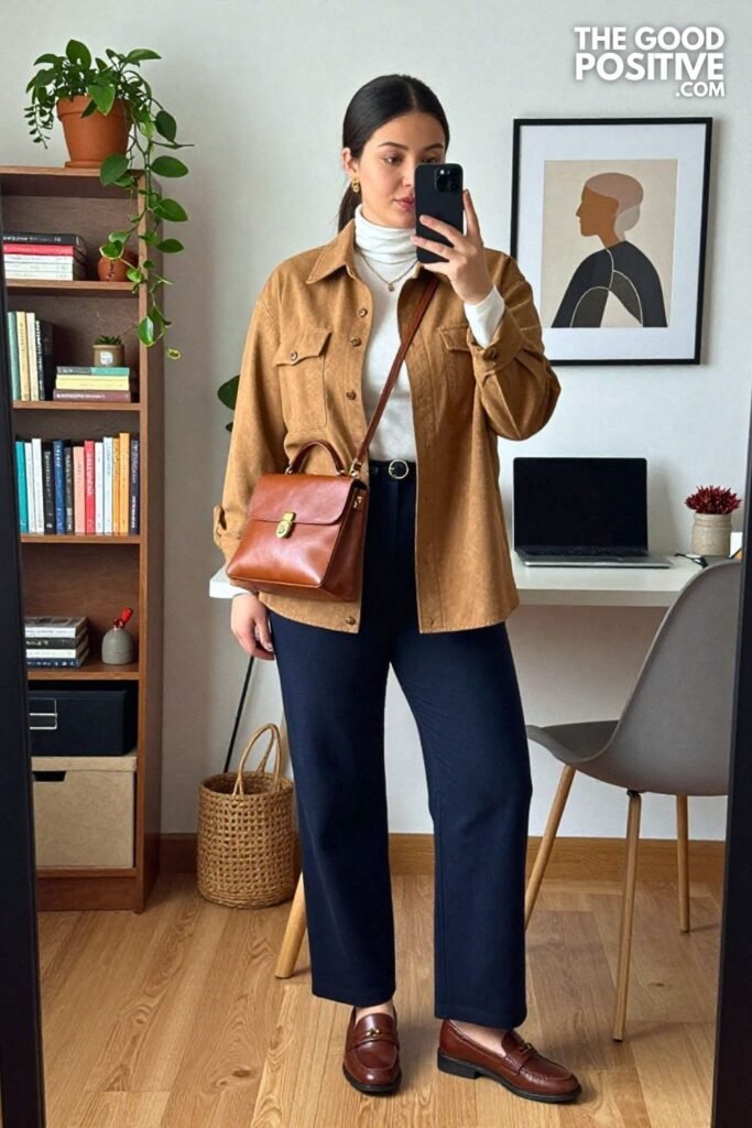 Camel Shirt Jacket with Deep Navy Wide-Leg Pants