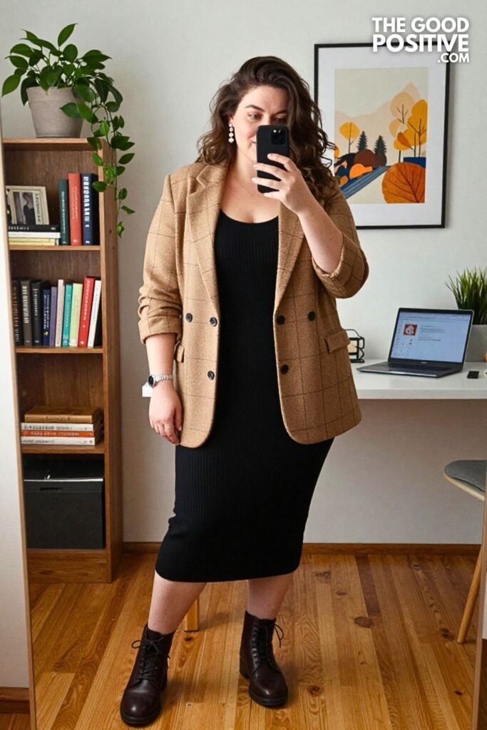 Camel Windowpane Blazer with Knit Dress and Lace-Up Boots