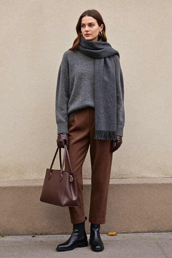 Charcoal Cashmere Sweater with Walnut Pintuck Trousers
