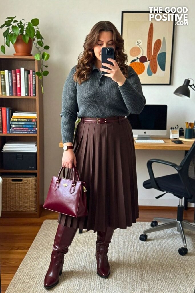 Charcoal Knit Polo with Chocolate Midi Skirt