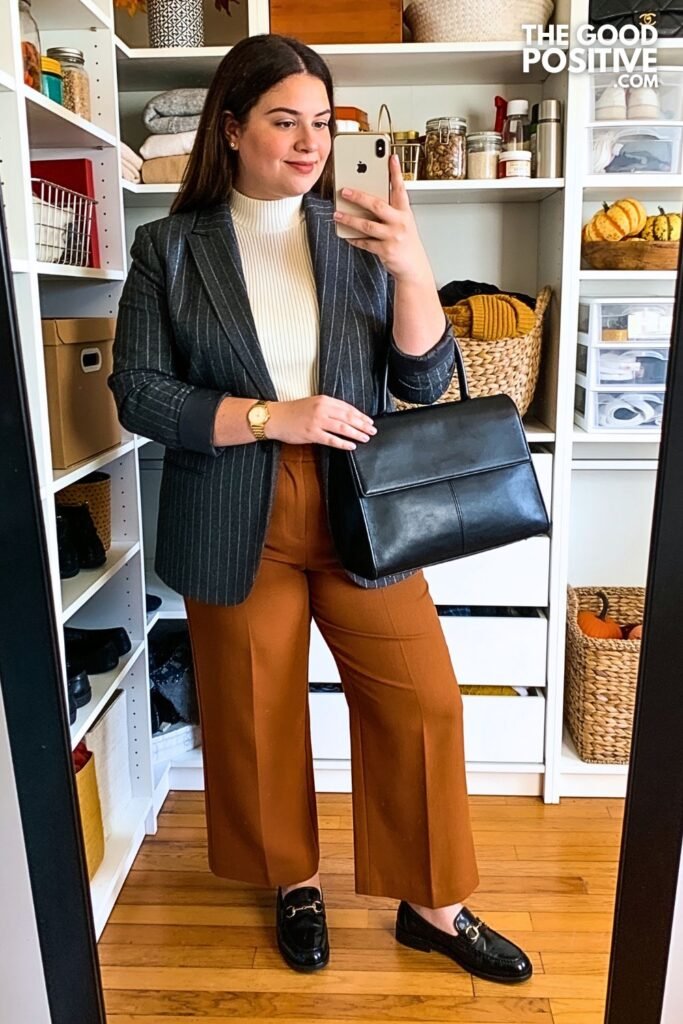 Charcoal Pinstripe Blazer with Cinnamon Wide-Leg Trousers