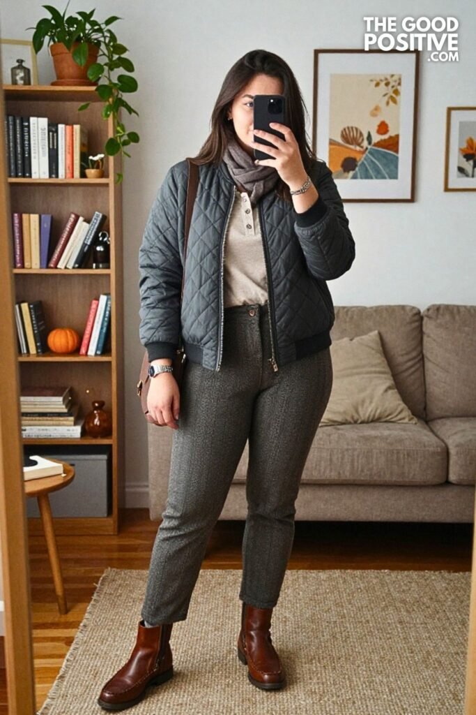 Charcoal Quilted Bomber with Herringbone Tapered Pants and Moc-Toe Boots