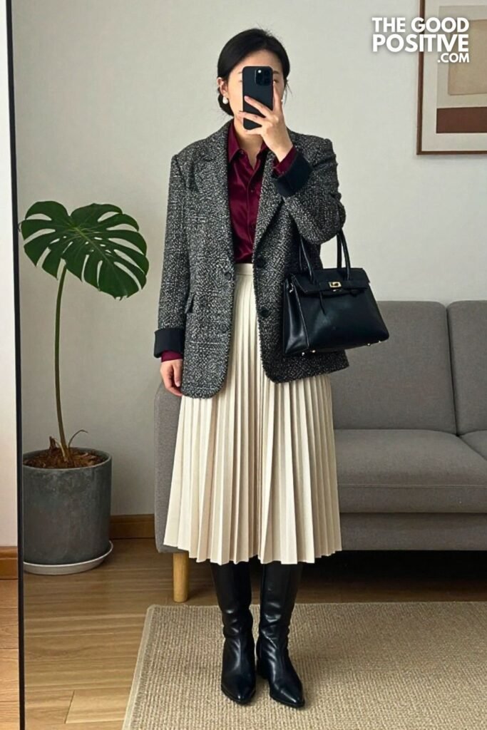 Charcoal Tweed Blazer with Burgundy Silk Blouse and Cream Pleated Midi Skirt