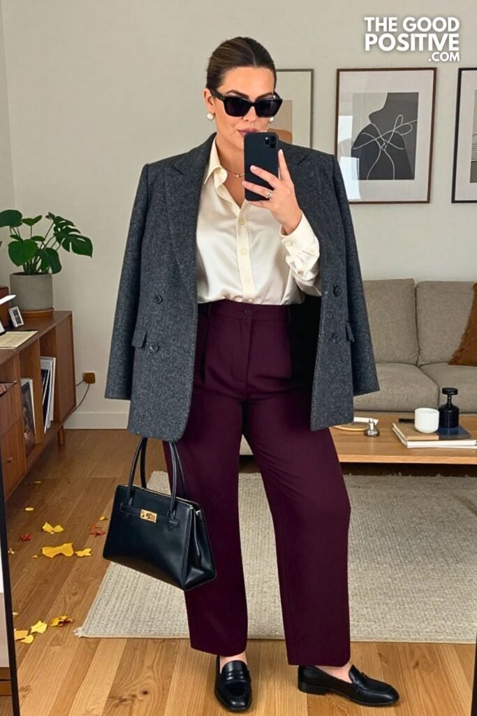 Charcoal Wool Blazer with Ivory Silk Shirt and Dark Plum Tailored Trousers