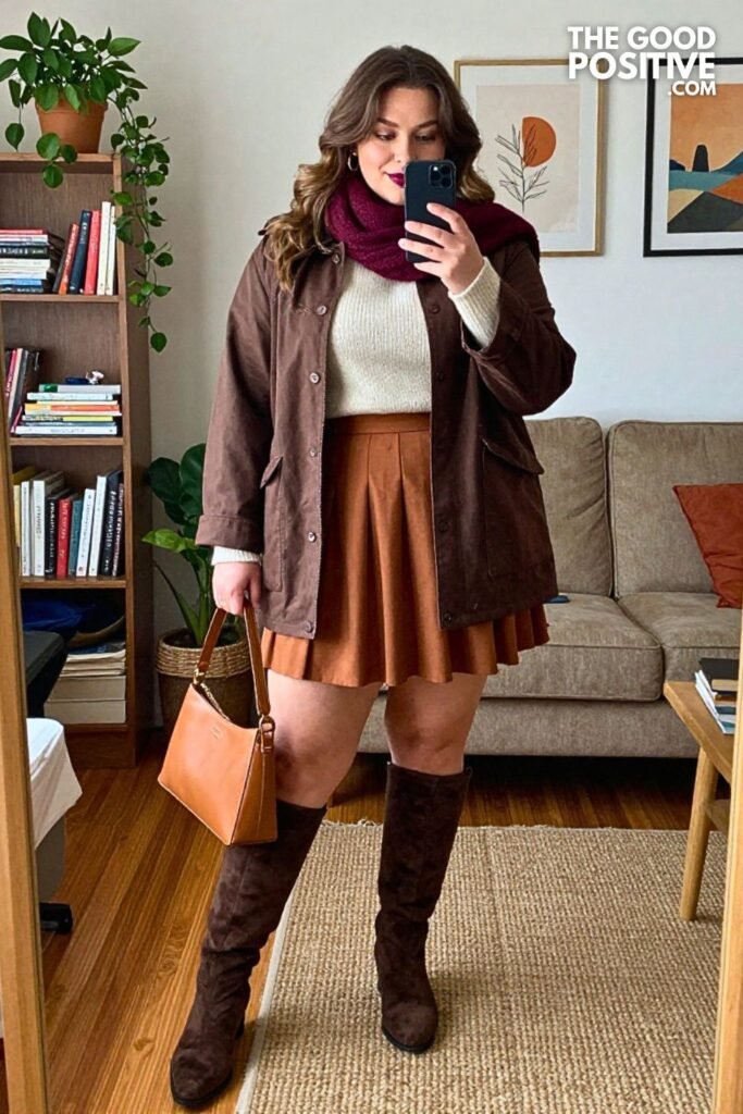 Cherry Mocha Barn Jacket with Pleated Midi Skirt