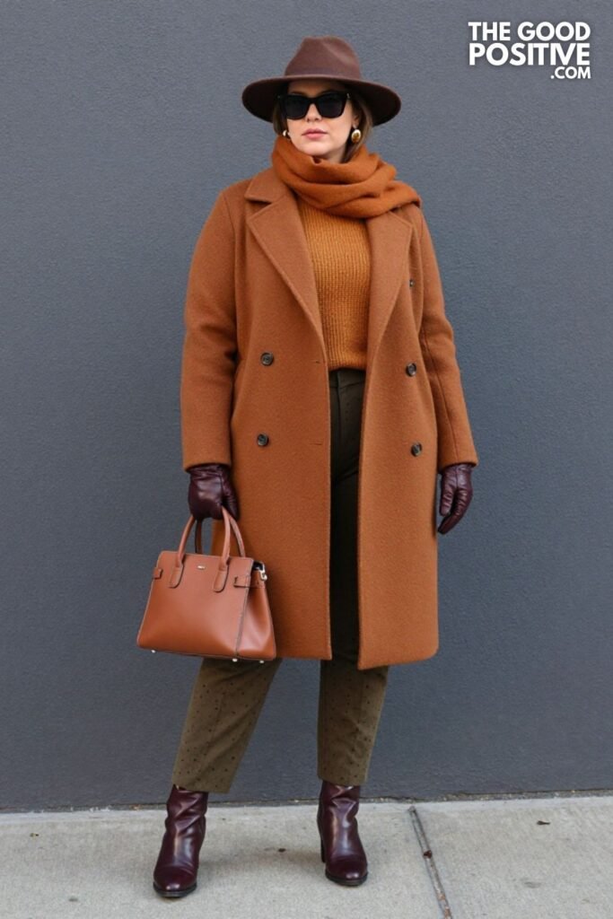 Chestnut Double-Breasted Knit Coat with Olive Pintuck Trousers