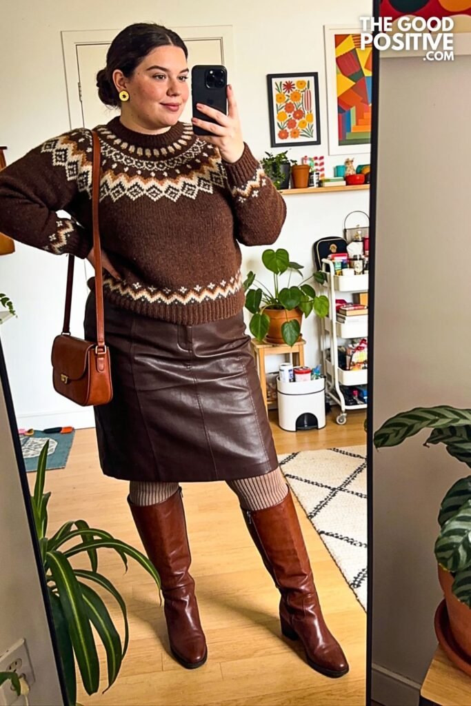 Chestnut Fair Isle Sweater with Deep Cocoa Faux Leather Skirt
