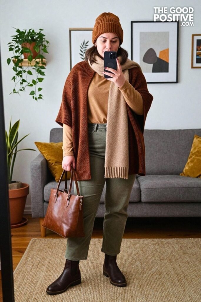 Chestnut Knit Cape with Olive Straight-Leg Jeans