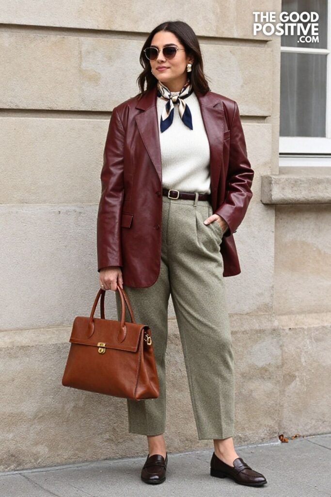 Chestnut Leather Blazer with Sage Wool Barrel Trousers