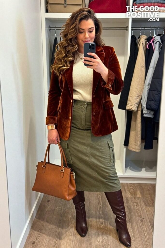 Chestnut Velvet Blazer With Burnt Olive Cargo Midi Skirt