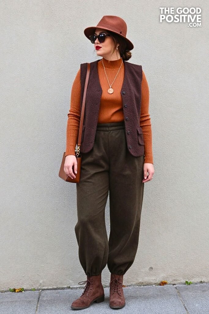 Chocolate Bouclé Vest With Dark Moss Balloon Trousers