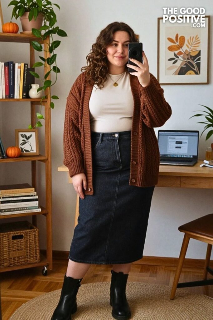 8. Chocolate Cable Knit Cardigan with A-Line Denim Skirt and Riding Boots
