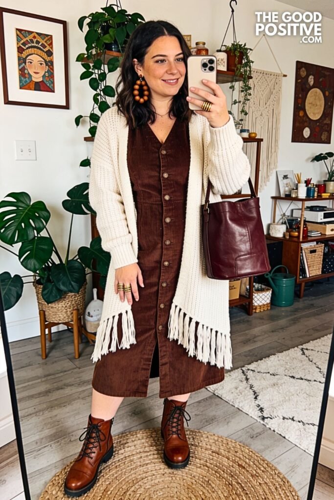 Chocolate Corduroy Midi Dress with Fringed Knit Cardigan