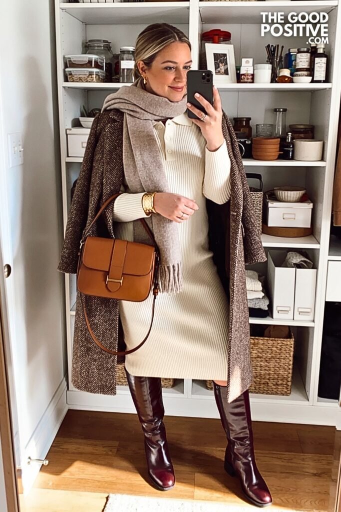 Chocolate Herringbone Coat with Cream Knit Polo Dress
