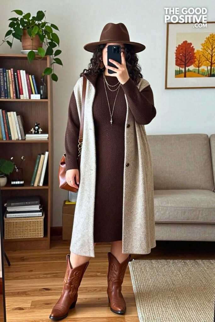 Chocolate Hooded Knit Dress with Longline Duster and Cowboy Boots