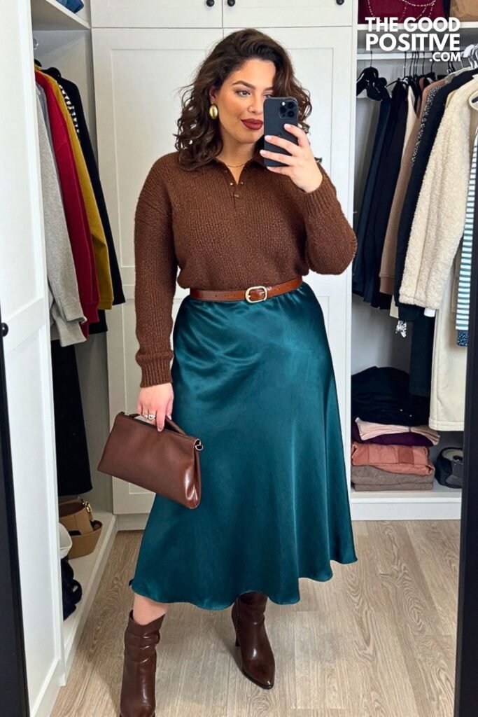 Chocolate Knit Polo With Deep Teal Satin Maxi Skirt
