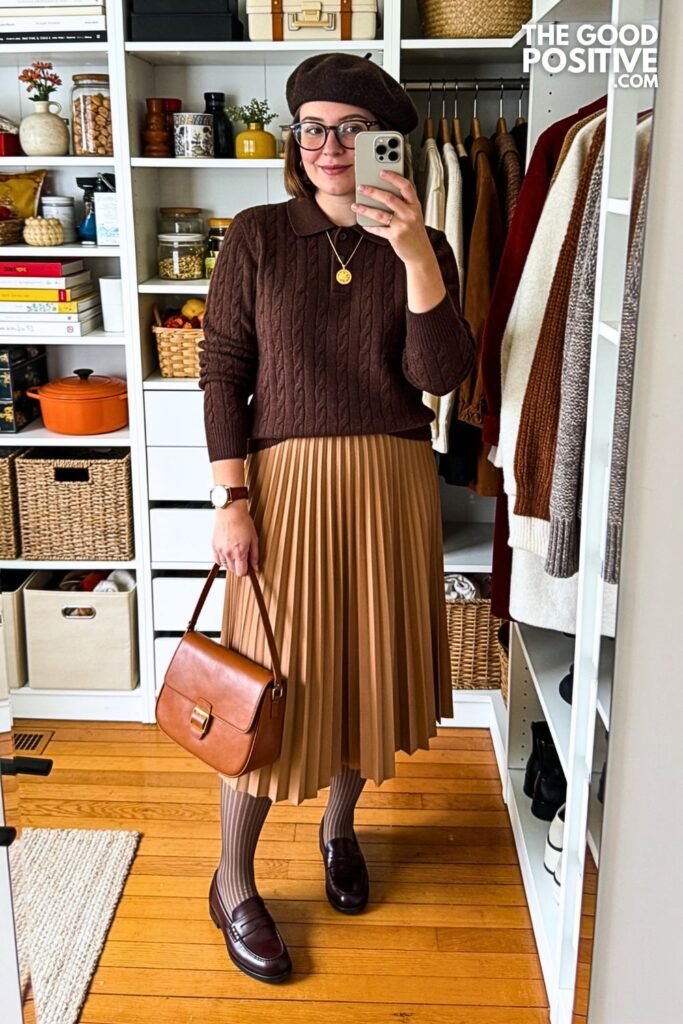 Chocolate Knit Polo with Pleated Midi Skirt
