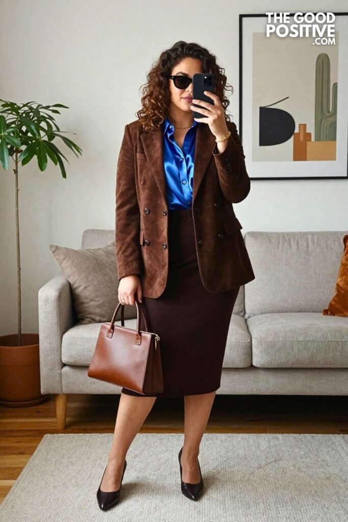 Chocolate Suede Blazer with Soft Blue Satin Blouse and Camel Wool Midi Skirt