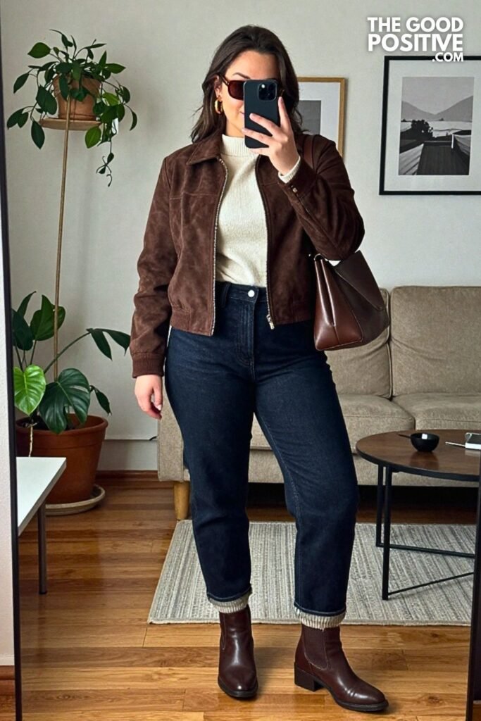 Chocolate Suede Bomber Jacket With Barrel Leg Jeans