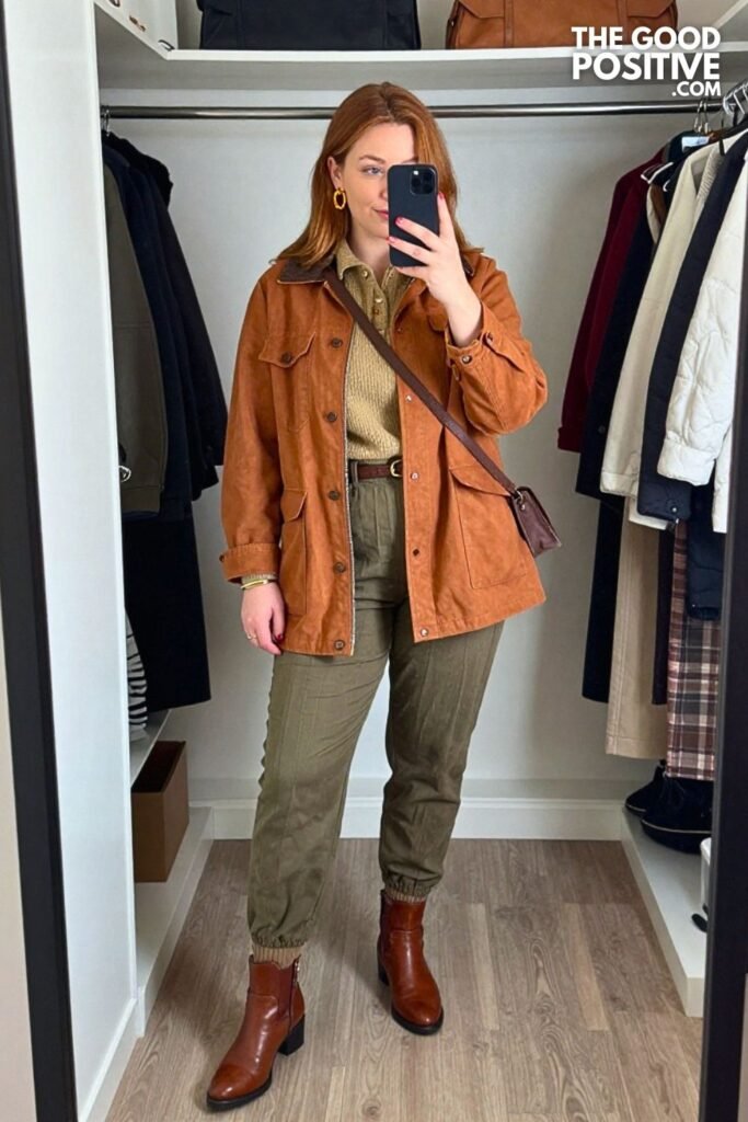 Cinnamon Barn Jacket with Olive Barrel Trousers