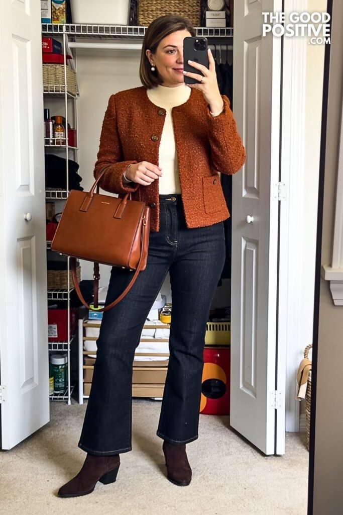 Cinnamon Bouclé Jacket with Dark Indigo Flared Jeans