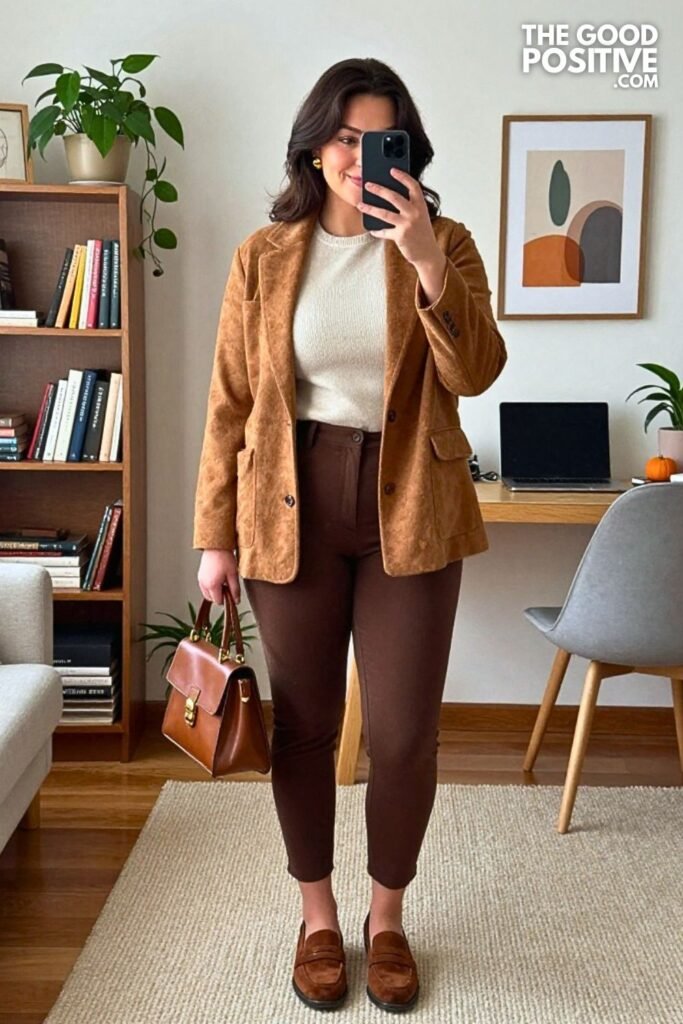 Cinnamon Bouclé Jacket with Knit Shell and Cropped Bootcut Trousers
