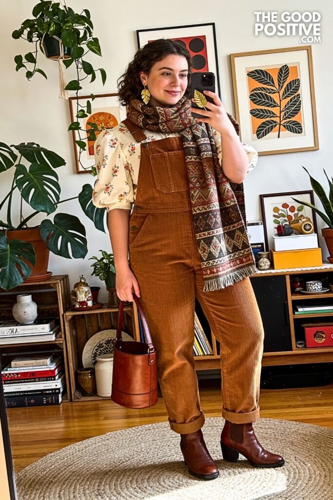 Cinnamon Corduroy Overalls with Floral Puff Sleeve Blouse
