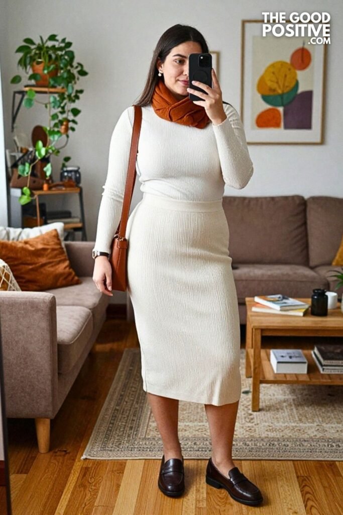 Cinnamon Corduroy Shirt with Cream Knit Skirt