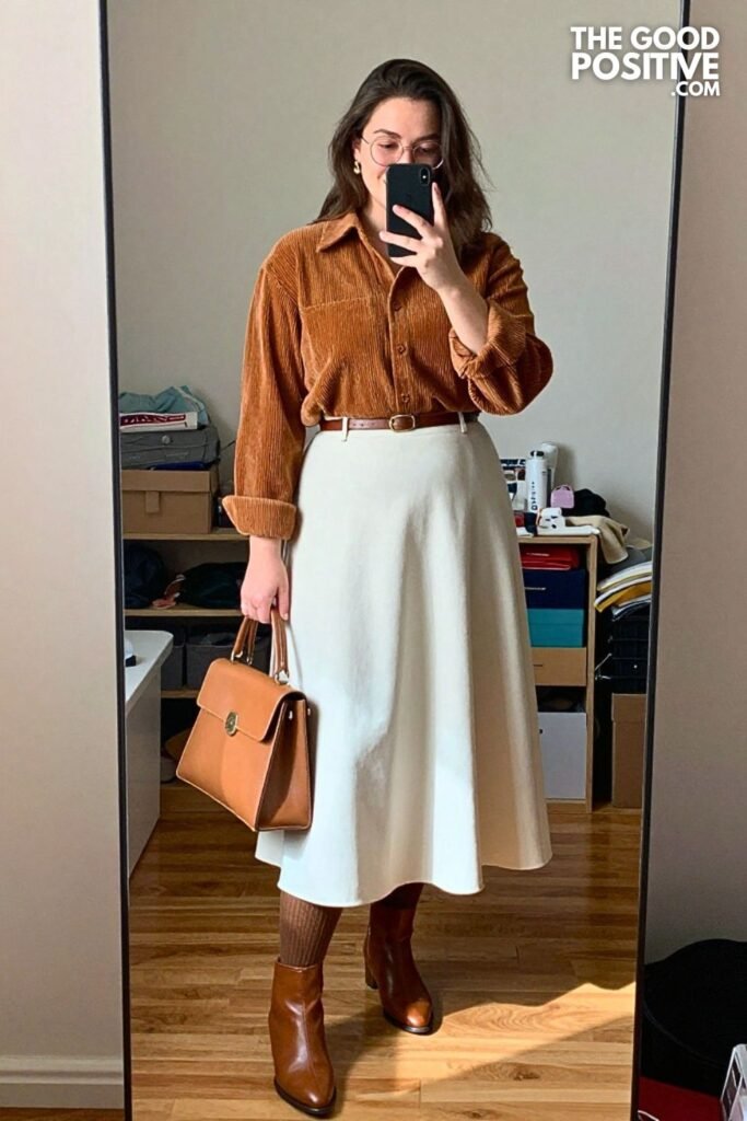 Cinnamon Corduroy Shirt with Ivory A-Line Maxi Skirt