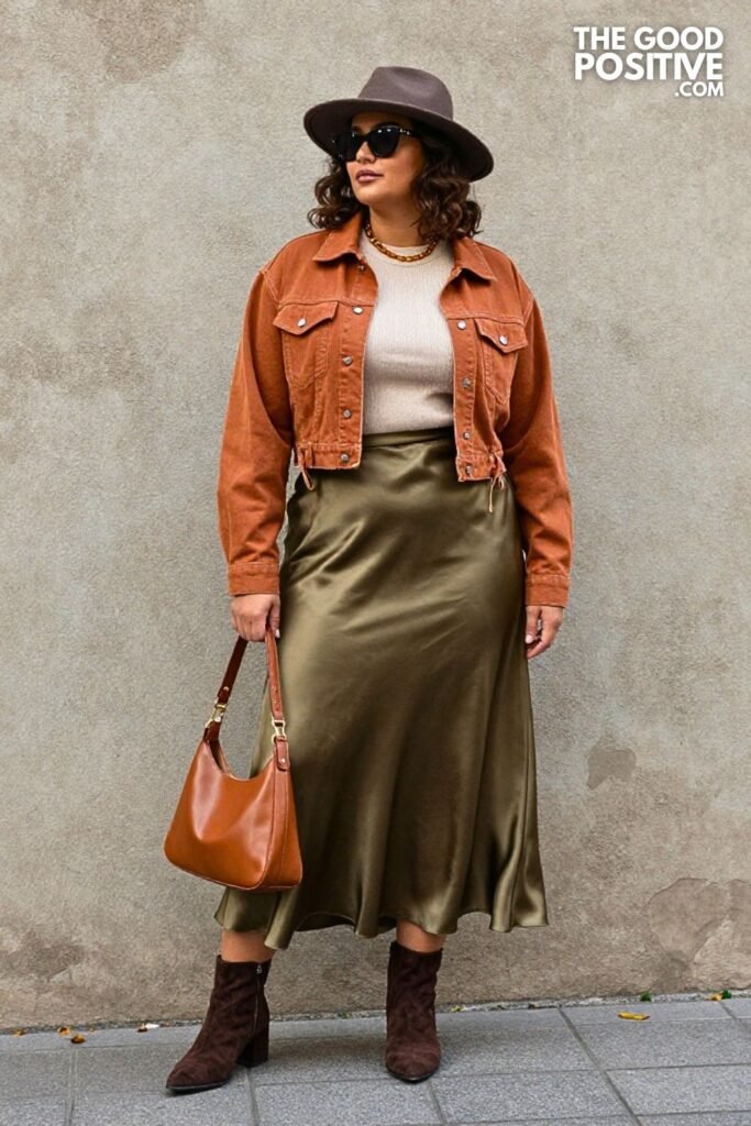 Cinnamon Denim Jacket with Olive Satin Midi Skirt