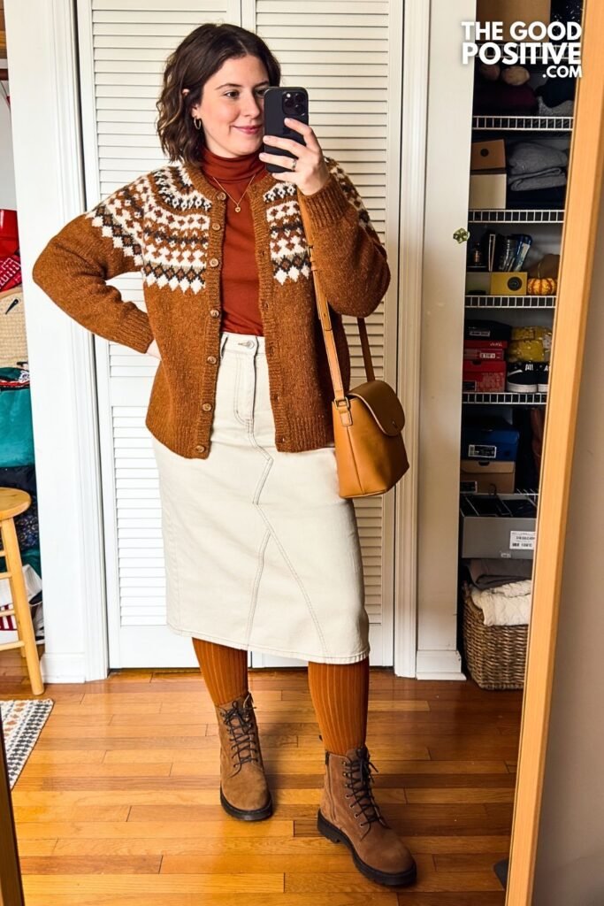 Cinnamon Fair Isle Cardigan With Ivory Denim Midi Skirt