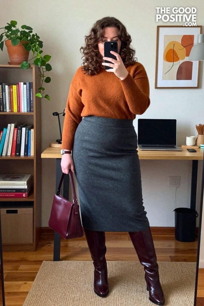 15. Cinnamon Funnel Neck with Charcoal A-Line Midi Skirt