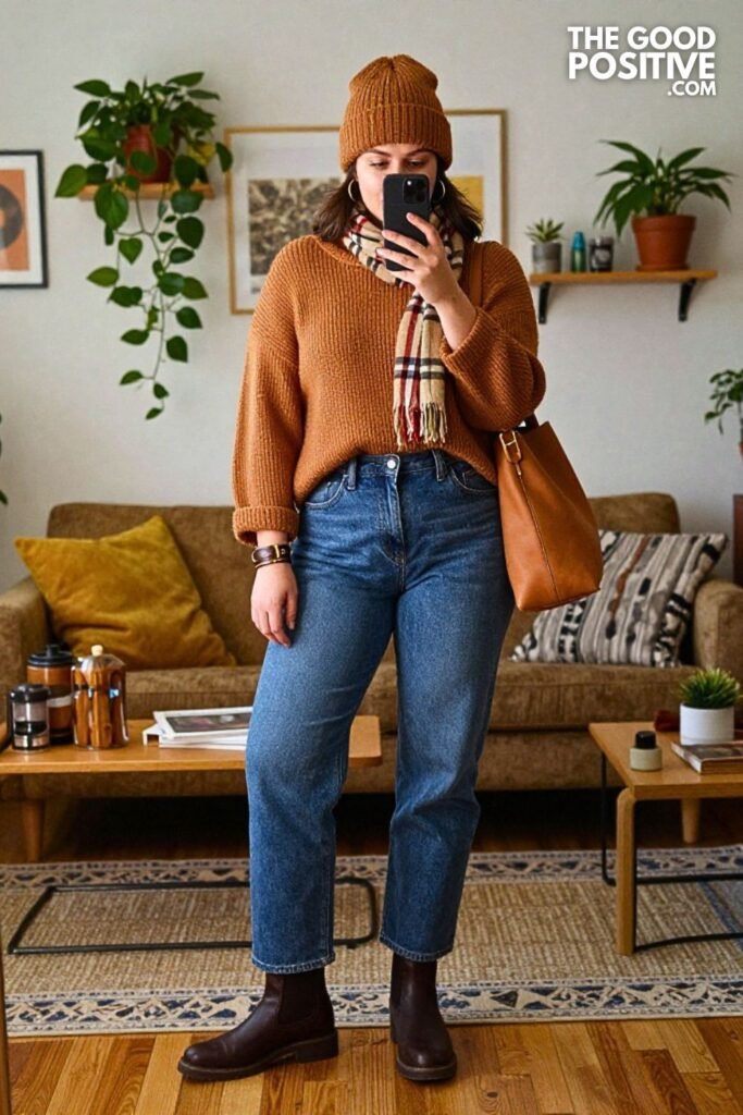 Cinnamon Funnel Sweater with Straight Indigo Jeans