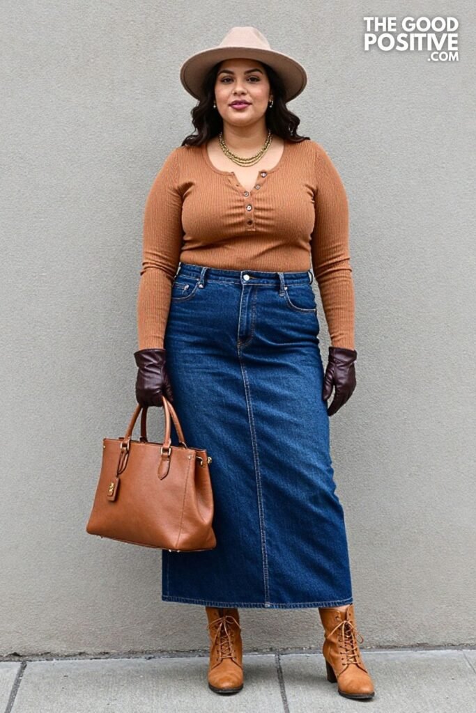 Cinnamon Henley with Dark Denim Maxi Skirt