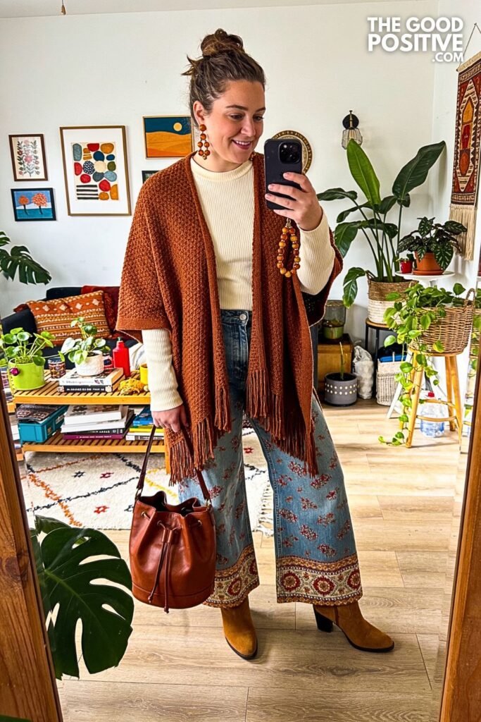 Cinnamon Knit Poncho with Printed Palazzo Jeans